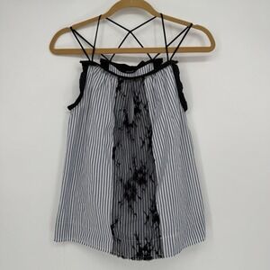 Calvin Rucker Top Women's Small Tank Blue White Stripe Black Lace Keyhole Straps